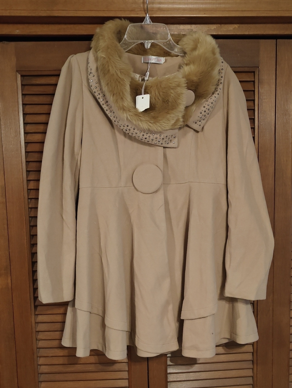 NWT Jian Yi Jia Faux-Fur Collar Swing Dress Coat